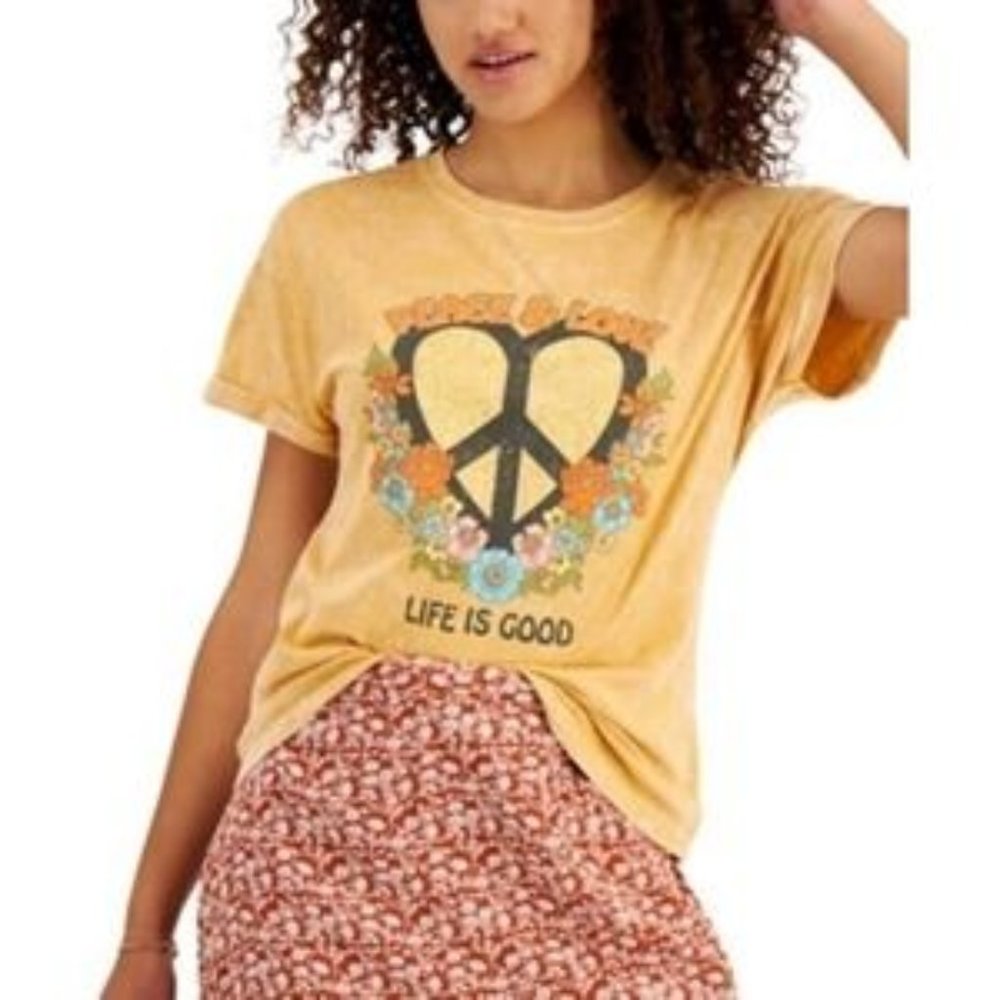 JR573 Rebellious One Yellow Juniors' Life Is Good Graphic-Print T-Shirt Size S